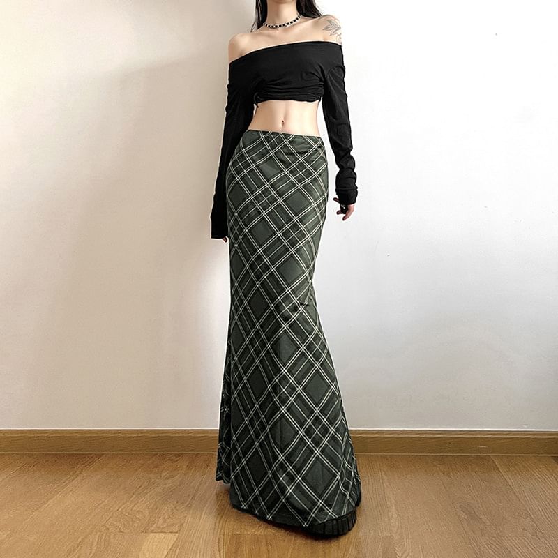 Plaid Mesh Mermaid Maxi Skirt with Mid Waistline