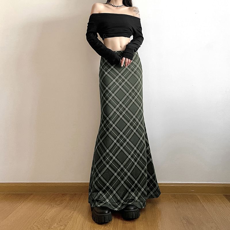 Plaid Mesh Mermaid Maxi Skirt with Mid Waistline