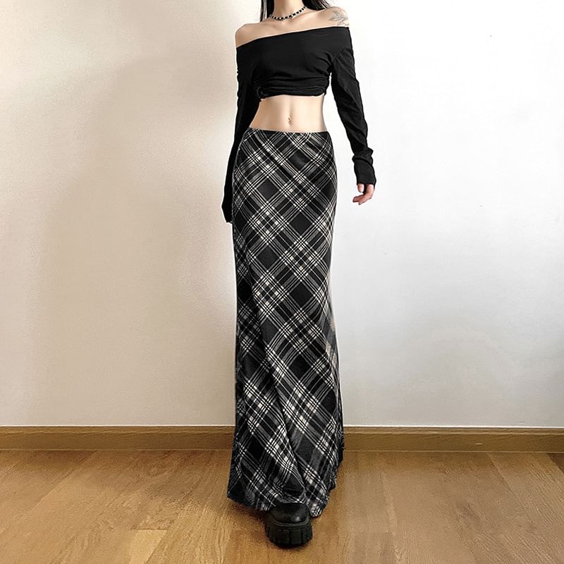 Plaid Mesh Mermaid Maxi Skirt with Mid Waistline