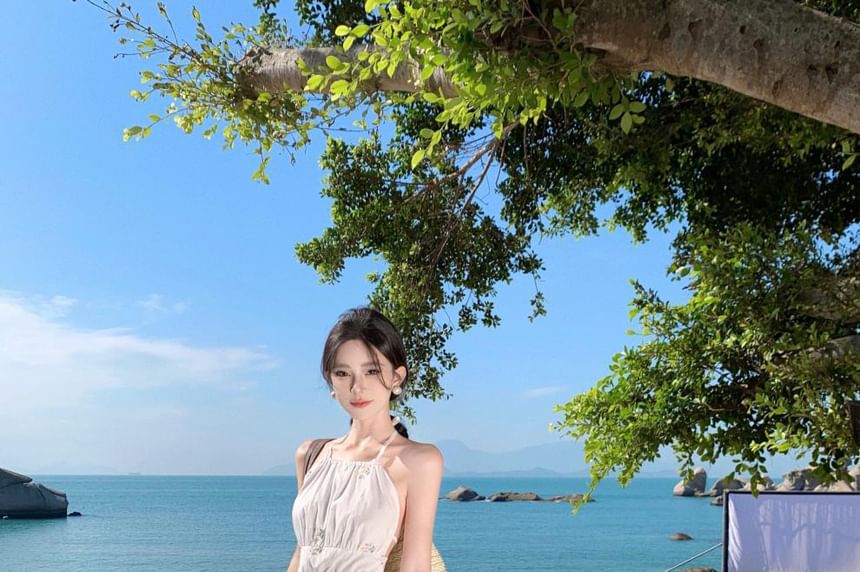 A-Line Dress Midi Neck Halter Embroidered