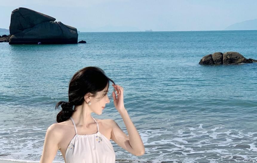 A-Line Dress Midi Neck Halter Embroidered