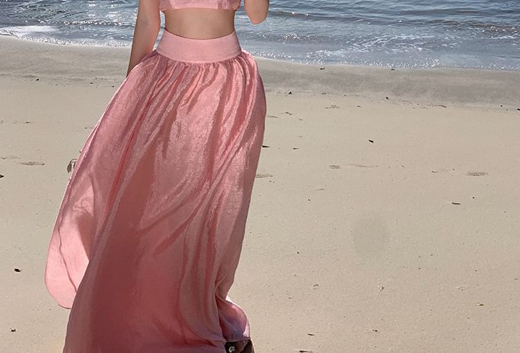 Skirt High Plain Camisole Waist + Maxi Set: Crop Top