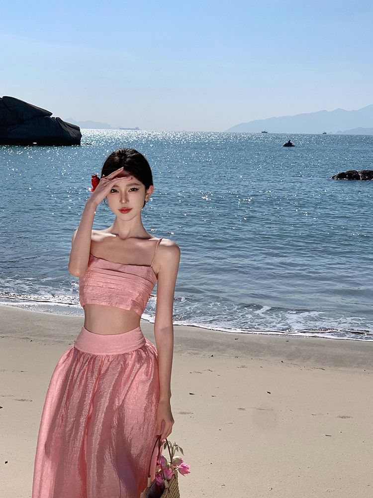 Skirt High Plain Camisole Waist + Maxi Set: Crop Top
