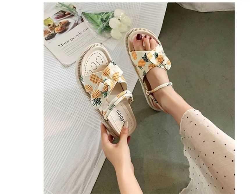 Platform Fruit Print Bow Slide Sandals