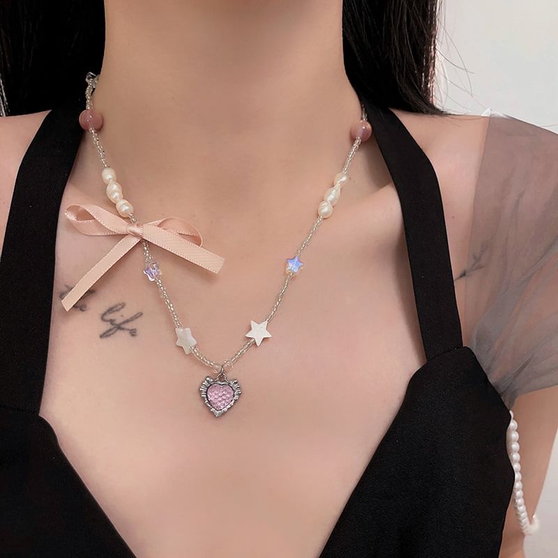 Pendant Ribbon Rhinestone Necklace