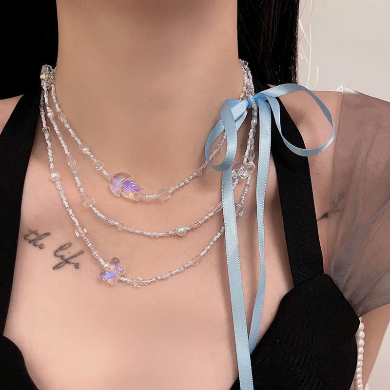 Bead Ribbon Necklace Layered Butterfly