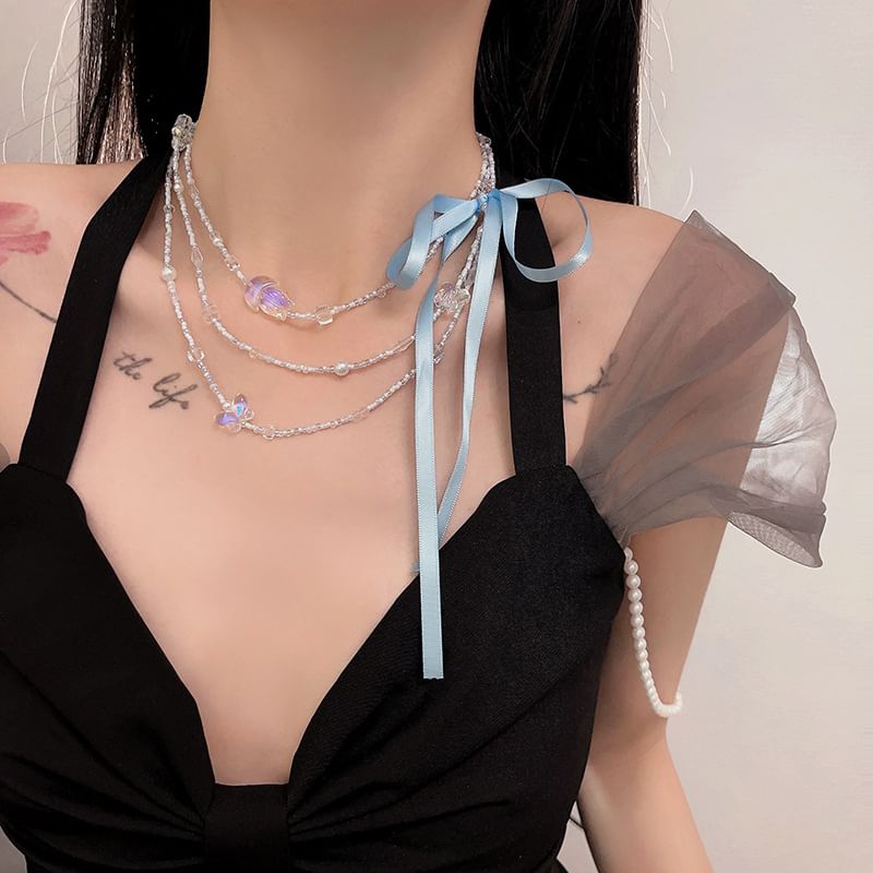 Bead Ribbon Necklace Layered Butterfly
