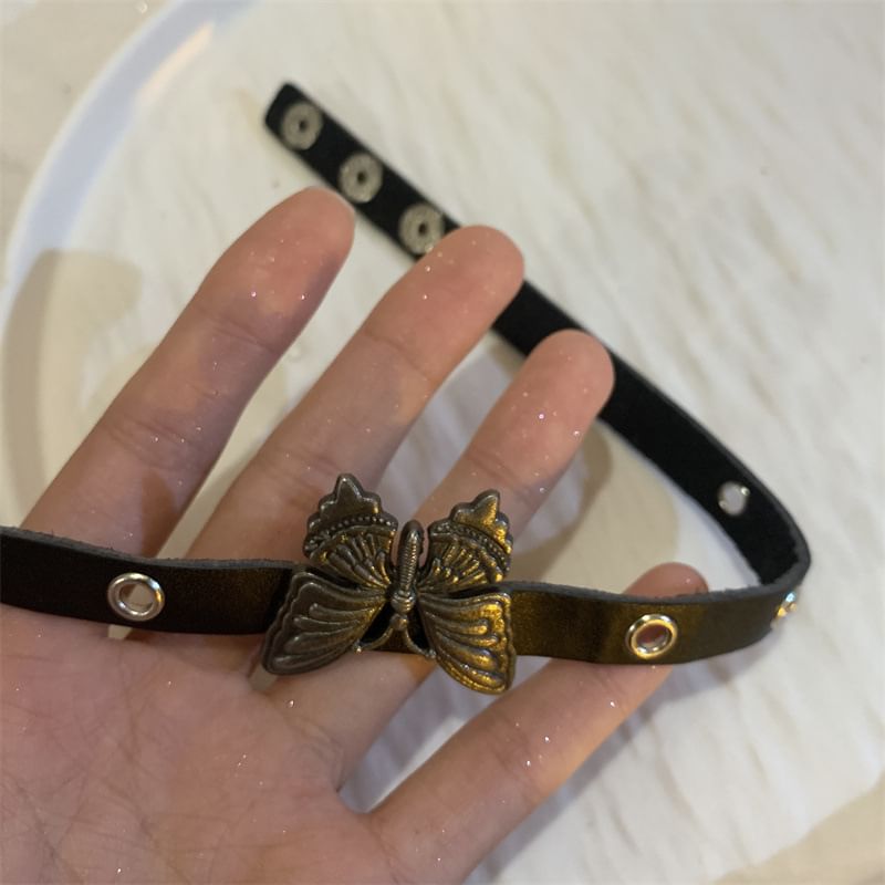 / Faux Bracelet Choker Leather Butterfly