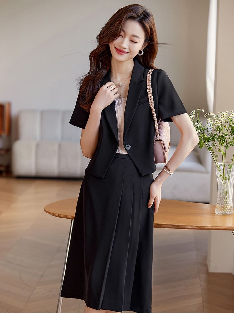 Single-Button Blazer and A-Line Midi Skirt Set
