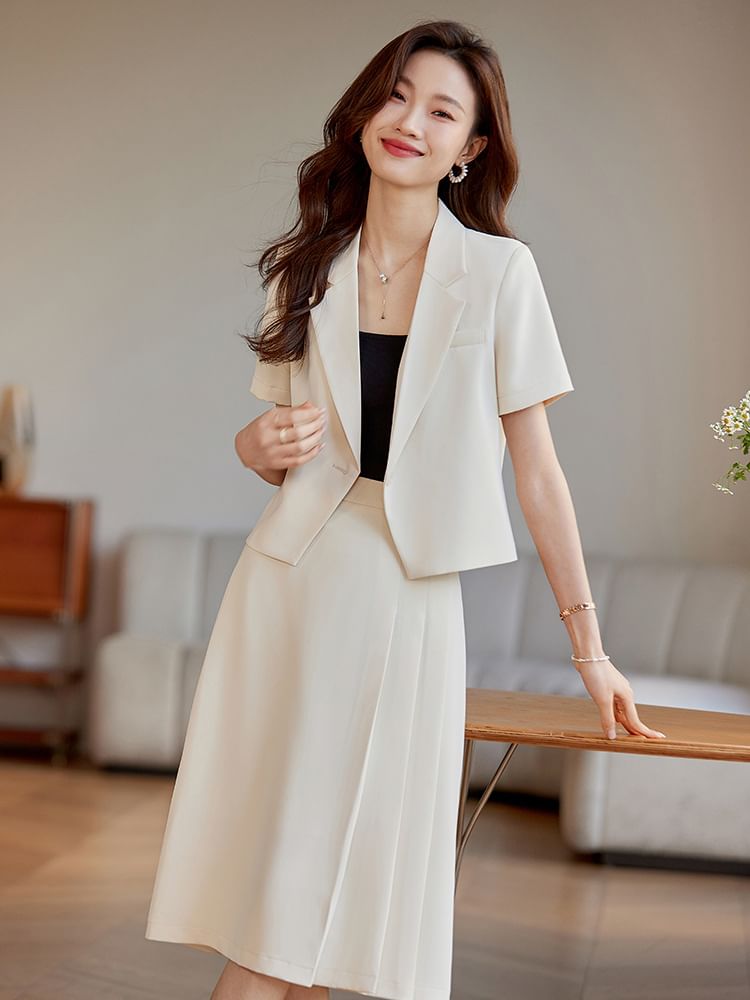 Single-Button Blazer and A-Line Midi Skirt Set