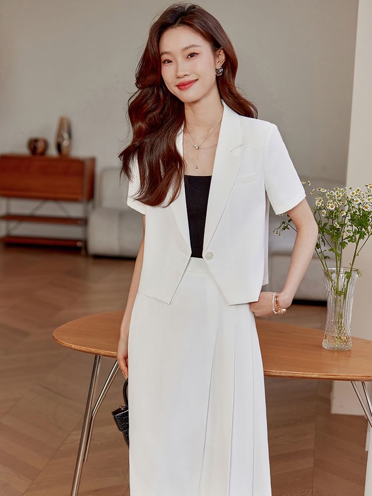 Single-Button Blazer and A-Line Midi Skirt Set