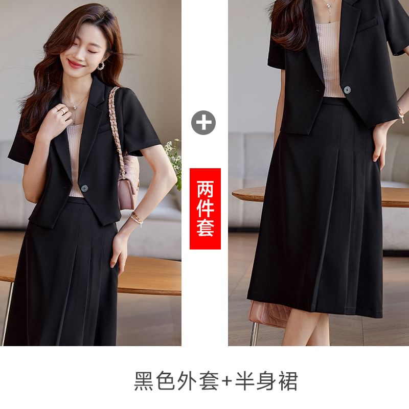 Single-Button Blazer and A-Line Midi Skirt Set