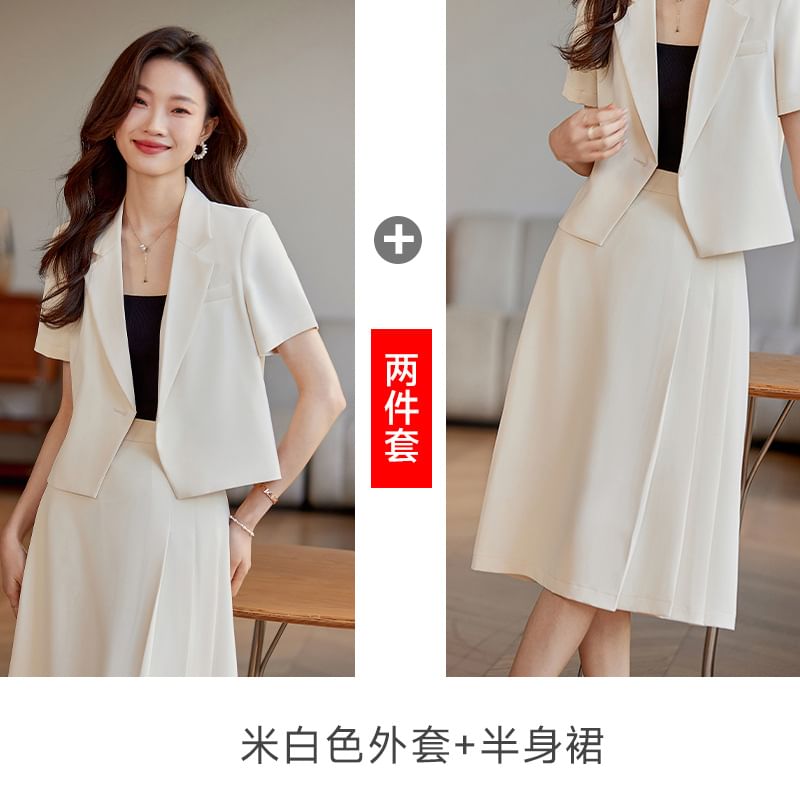 Single-Button Blazer and A-Line Midi Skirt Set