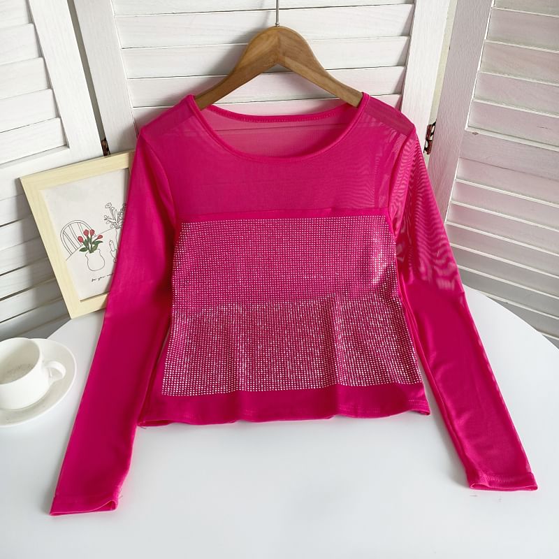 Long-Sleeve Scoop Neck Rhinestone Mesh Top