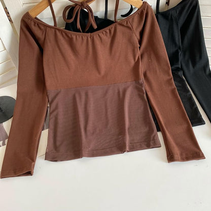 Long-Sleeve Halter Off-Shoulder Mesh Panel T-Shirt