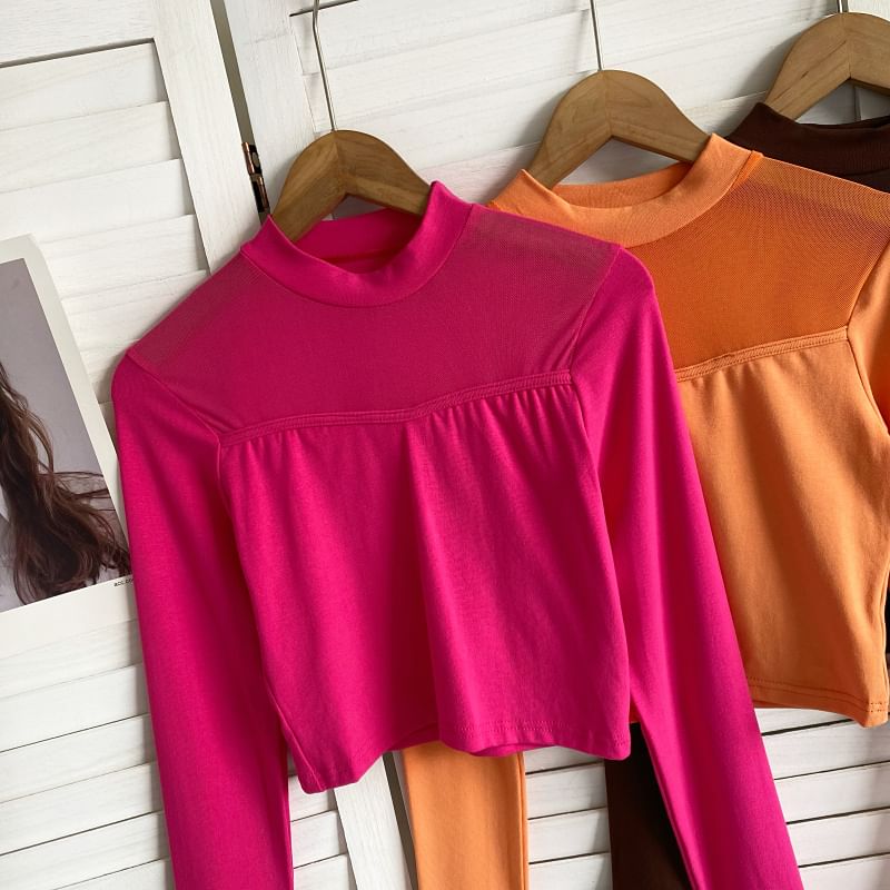 Long-Sleeve Crew Neck Plain Mesh Panel Crop T-Shirt