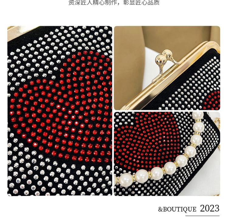 Heart Patterned Rhinestone Kiss Lock Faux Pearl Handle Evening Bag