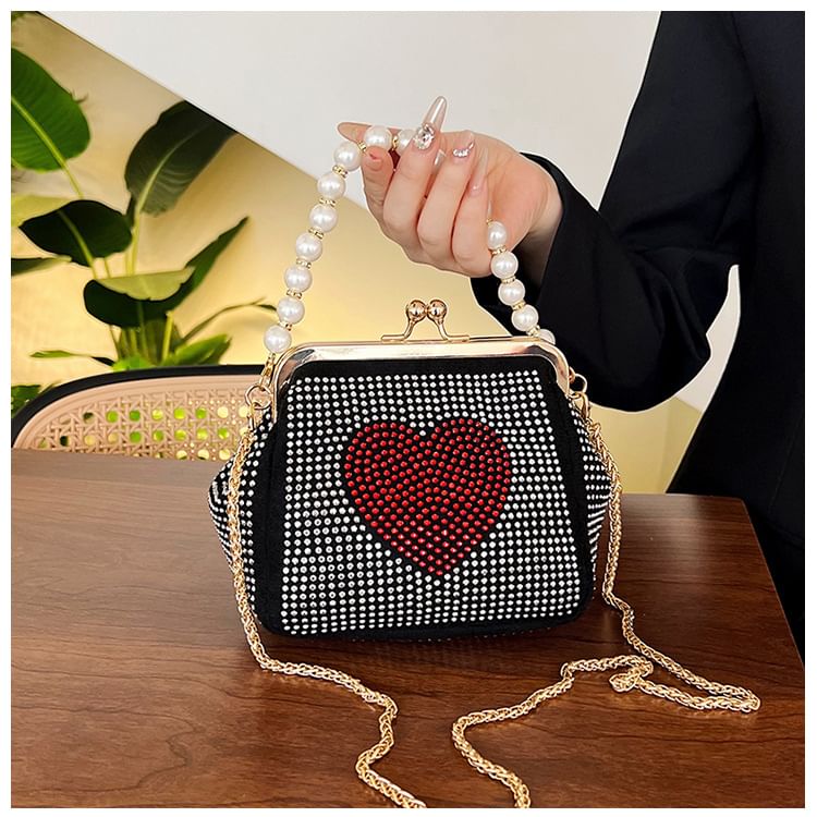 Heart Patterned Rhinestone Kiss Lock Faux Pearl Handle Evening Bag