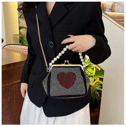 Heart Patterned Rhinestone Kiss Lock Faux Pearl Handle Evening Bag