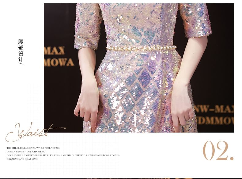 Elbow-Sleeve Dress Neck A-Line Maxi Iridescent Scoop