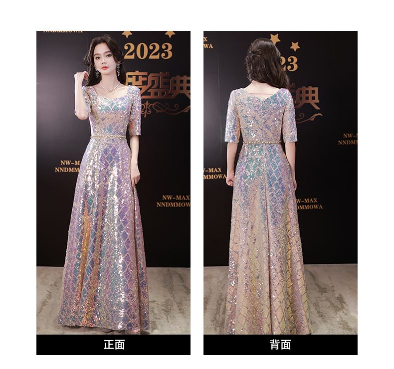 Elbow-Sleeve Dress Neck A-Line Maxi Iridescent Scoop