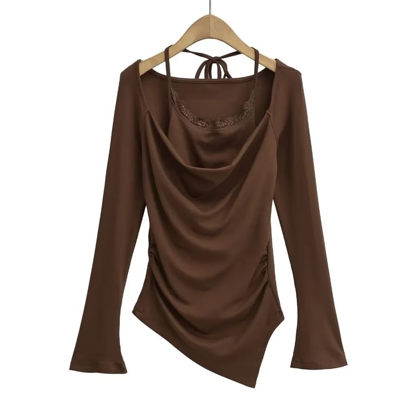 Set: Cowl Neck Asymmetric-Hem Long-Sleeve Top + Halter Lace-Trim Camisole