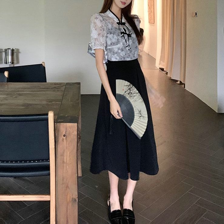 Set: Strap Dress Short-Sleeve Plain A-Line Midi + Blouse Floral Spaghetti