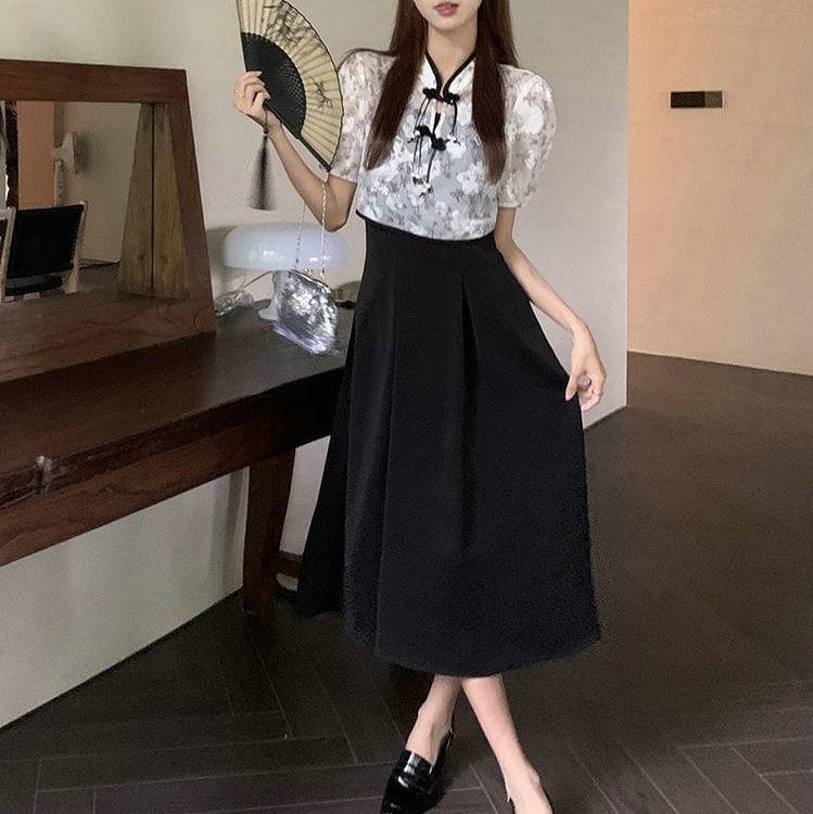 Set: Strap Dress Short-Sleeve Plain A-Line Midi + Blouse Floral Spaghetti