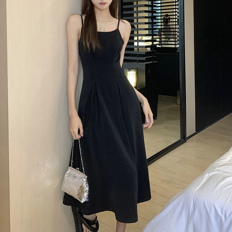 Set: Strap Dress Short-Sleeve Plain A-Line Midi + Blouse Floral Spaghetti