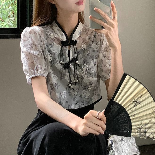 Set: Strap Dress Short-Sleeve Plain A-Line Midi + Blouse Floral Spaghetti