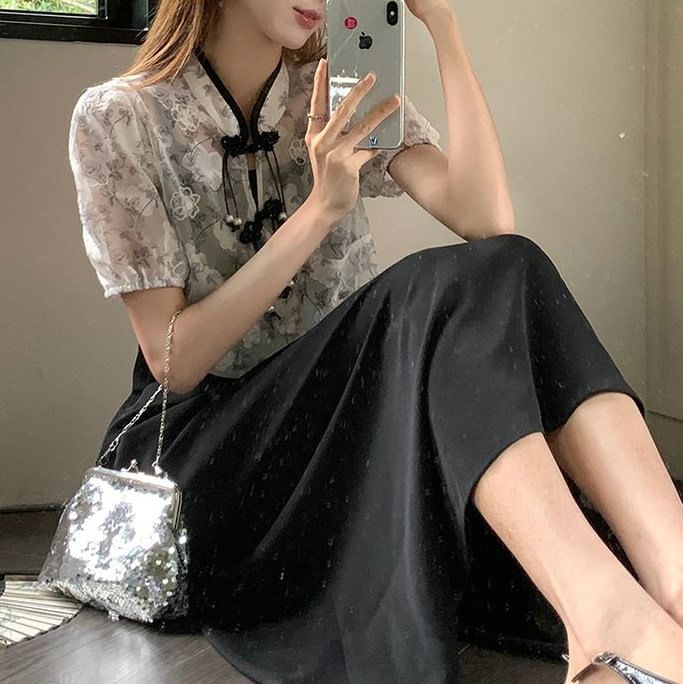 Set: Strap Dress Short-Sleeve Plain A-Line Midi + Blouse Floral Spaghetti