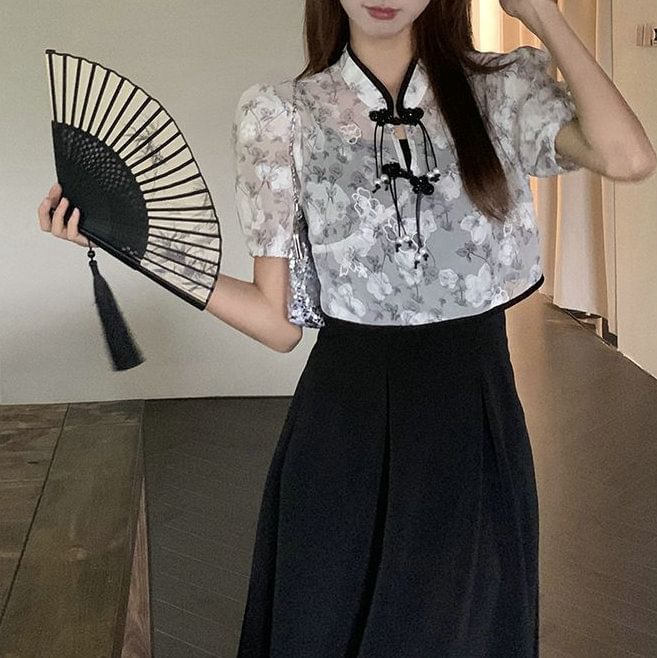 Set: Strap Dress Short-Sleeve Plain A-Line Midi + Blouse Floral Spaghetti