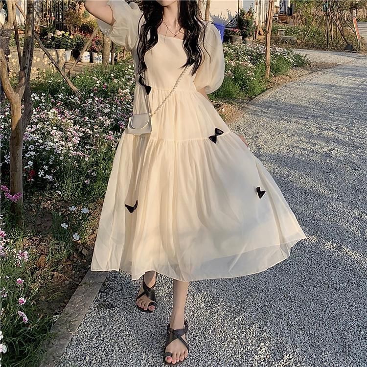 Bow Plain Square Midi Sundress Neck Puff-Sleeve