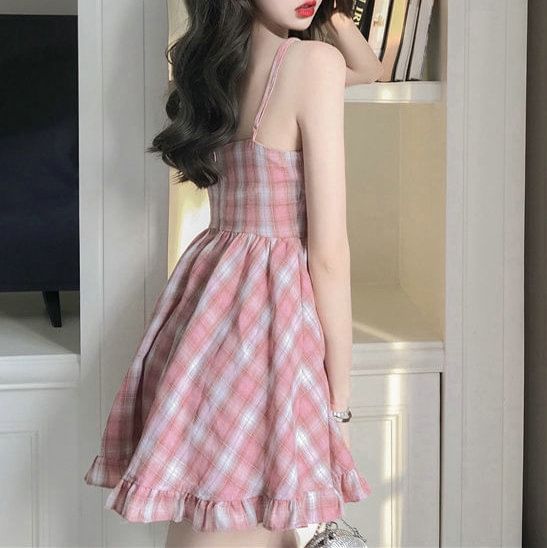 Mini Strap Dress Ruffle Plaid A-Line Spaghetti