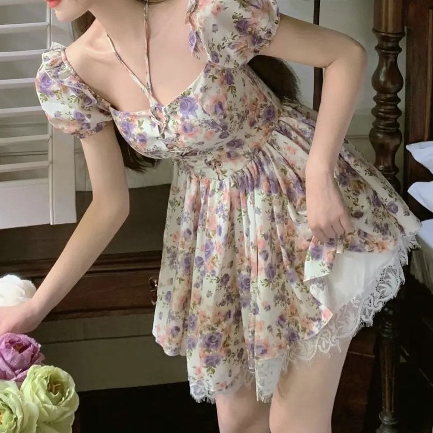 Mini Floral Trim Lace-Up A-Line Dress Puff-Sleeve Lace