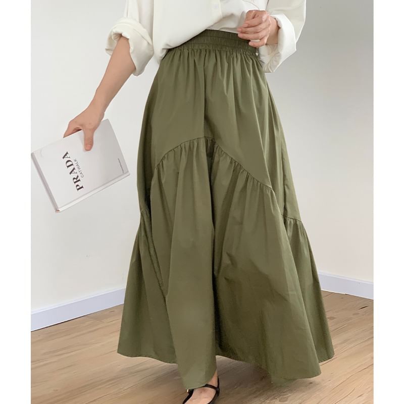 Ruched A-Line Maxi Skirt with High Waist
