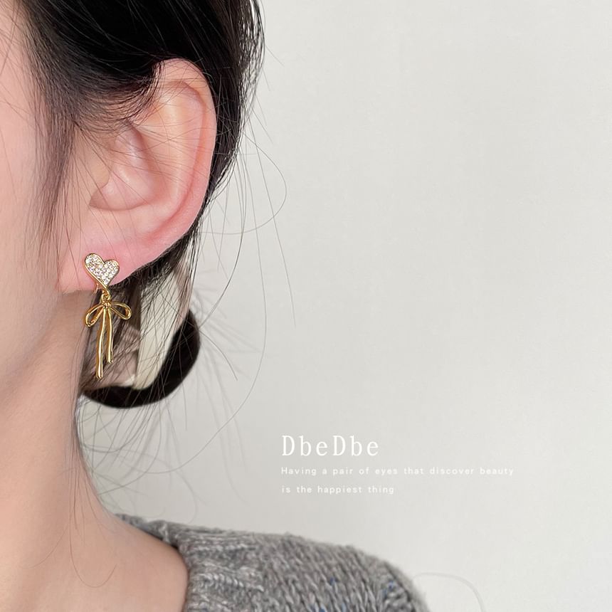 Drop Earring Heart Rhinestone Asymmetrical Alloy Bow Shell