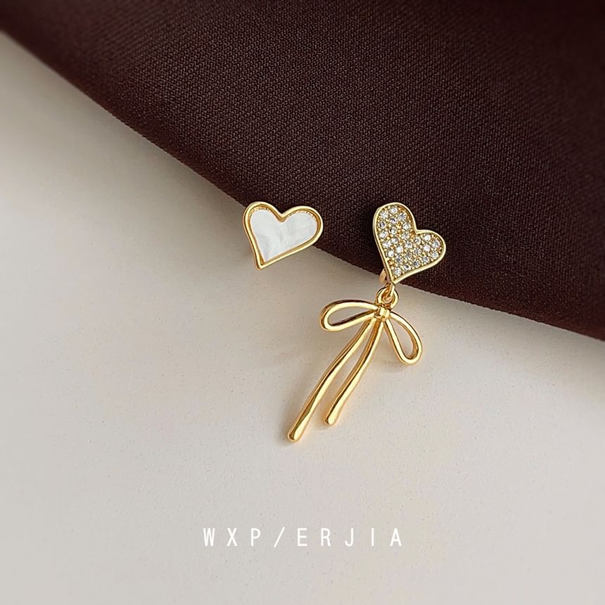 Drop Earring Heart Rhinestone Asymmetrical Alloy Bow Shell