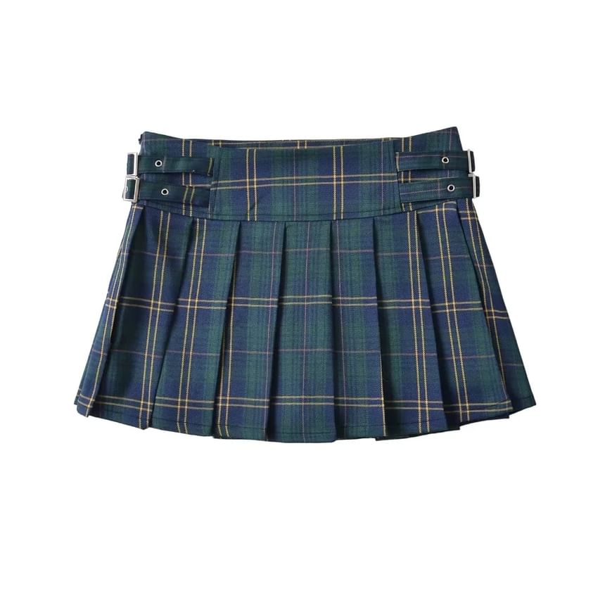 Plaid Pleated Mini A-Line Skirt with Low Waist