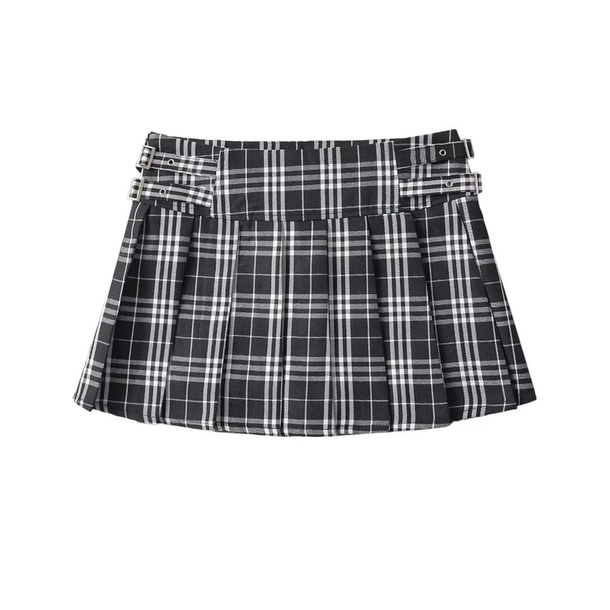 Plaid Pleated Mini A-Line Skirt with Low Waist