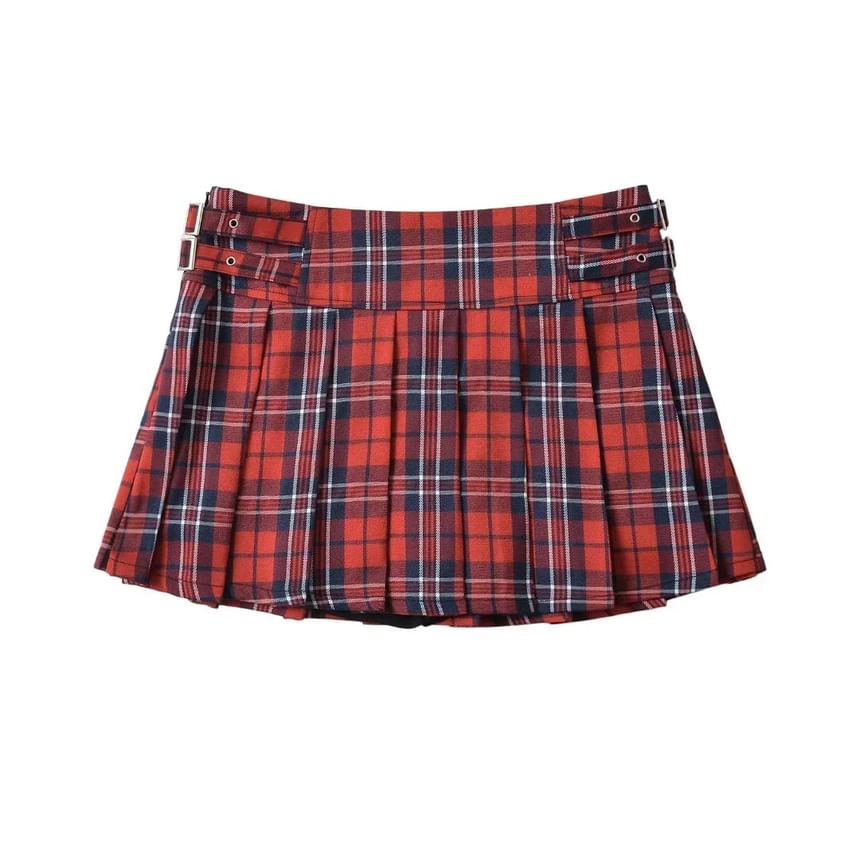 Plaid Pleated Mini A-Line Skirt with Low Waist