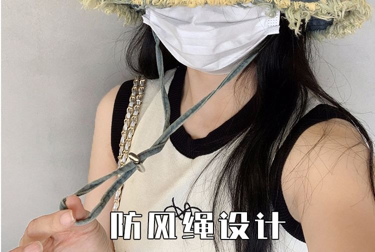 Hat Lettering Denim Fringed Bucket