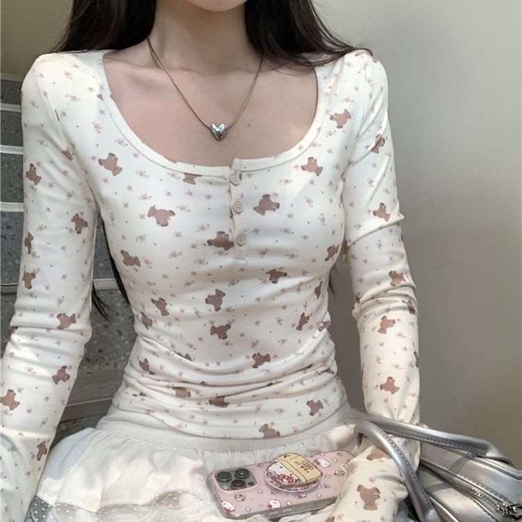 T-Shirt Henley Print Long-Sleeve Bear