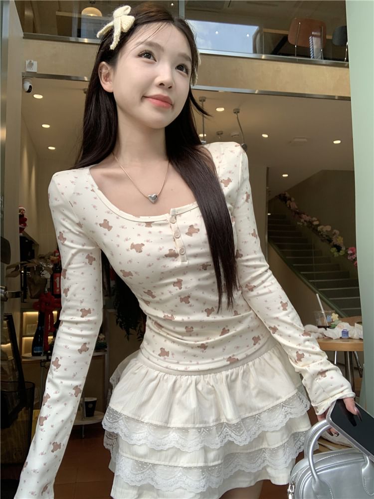 T-Shirt Henley Print Long-Sleeve Bear