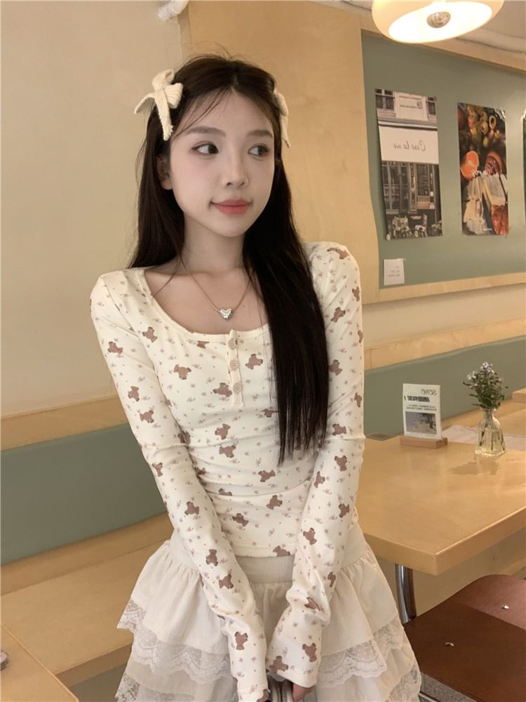 T-Shirt Henley Print Long-Sleeve Bear