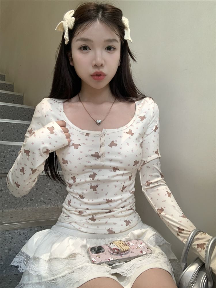 T-Shirt Henley Print Long-Sleeve Bear