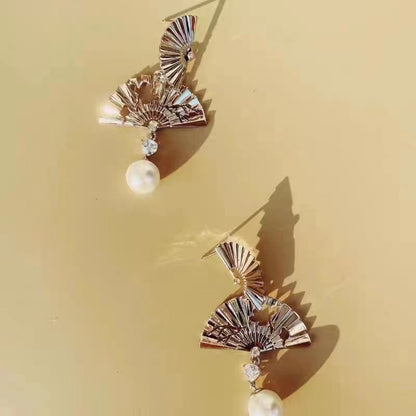 Mini Hand Fan Faux Pearl Alloy Dangle Earring