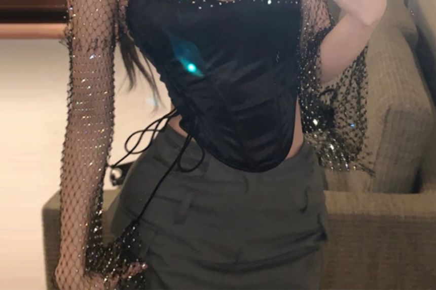 Asymmetrical Lace-Up Corset Crop Top with Rhinestone Fishnet Sleeves