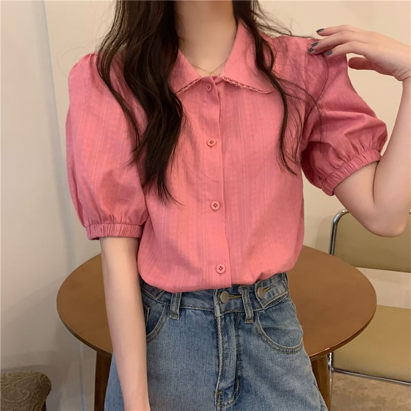 Short-Sleeve Collared Plain Blouse