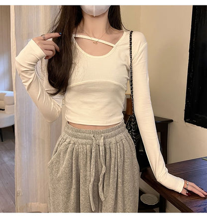 Long-Sleeve Round Neck Plain Crop T-Shirt